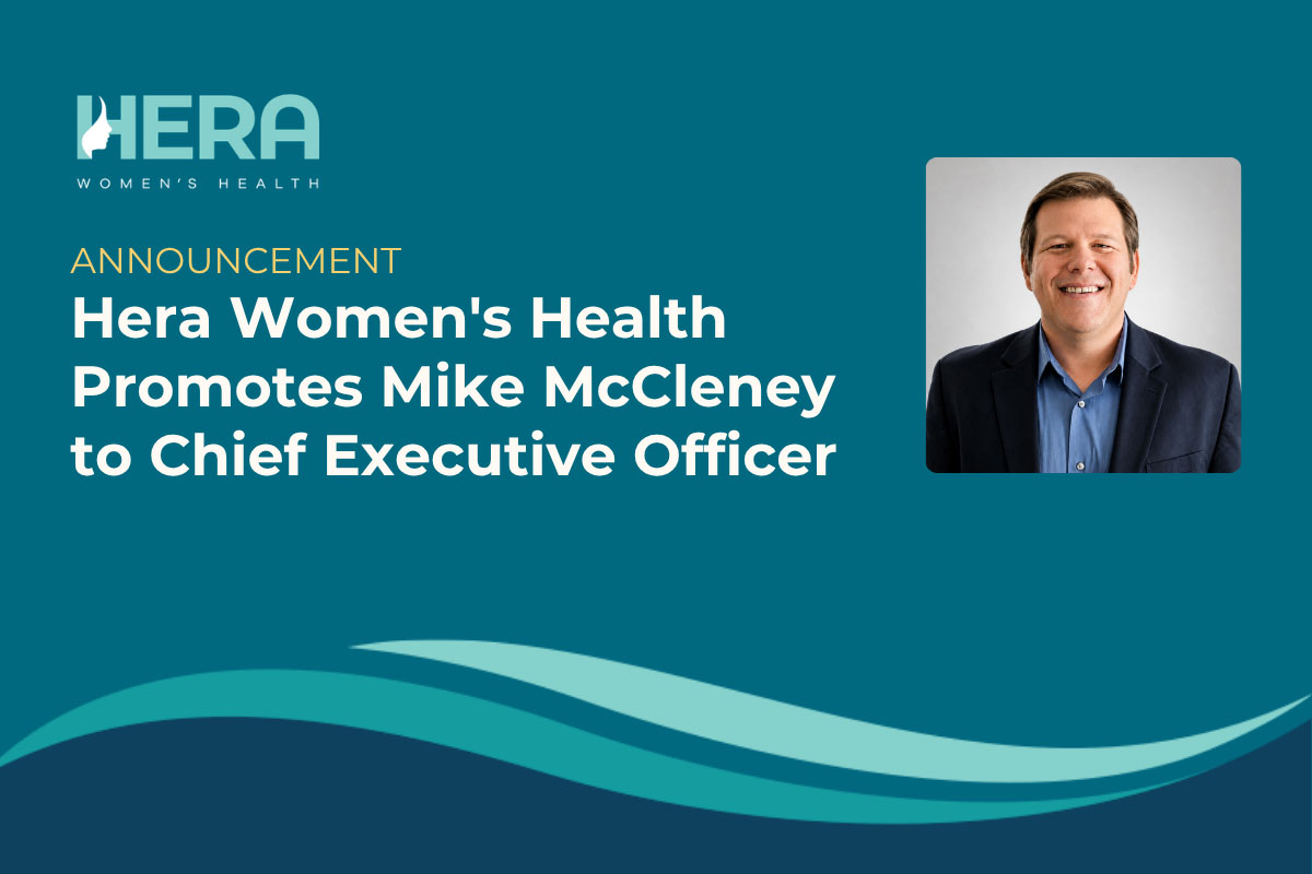 Announcement banner: Hera Women's Health promotes Mike McCleney to Chief Executive Officer, with his portrait on the right.