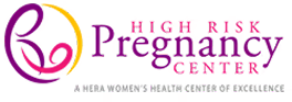 Logo for A Higher Risk Pregnancy Center with a stylized mother‑and‑baby icon in magenta and orange