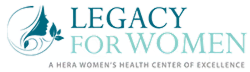 Logo for Legacy for Women, featuring blue typography and a circular emblem with a stylized leaf/bird motif.