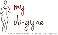Logo for 'my ob·gyne', a women's health center; features a minimalist standing figure and the branding text 'my ob·gyne' with 'A Hera Women's Health Center of Excellence'.