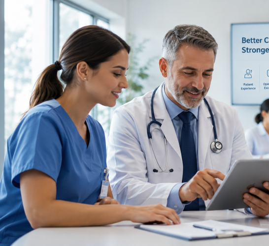 Doctor and nurse reviewing a tablet together at a clinic desk; both smiling and focused on the screen.