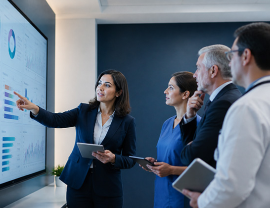 Businesswoman points at charts on a large display while colleagues watch, holding tablets.