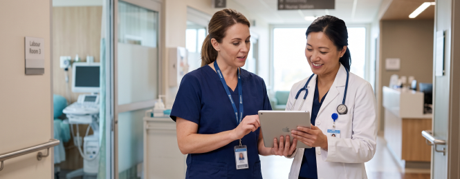 certified-nurse-midwife-practice-1 Two female clinicians in scrubs and a white coat review a tablet together in a hospital corridor, collaborating on care information.