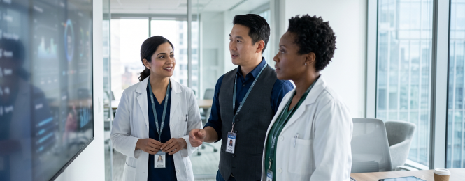 certified-nurse-midwife-practice-2 Three clinicians in white coats and ID badges discuss data on a large wall screen in a bright, modern medical office action.