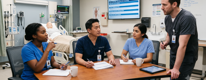 certified-nurse-midwife-practice-4 Medical team of four in a hospital conference room discuss patient care at a table, with a bed and monitors visible in the background