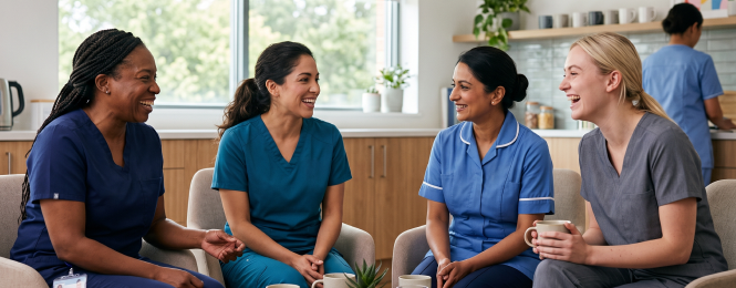 certified-nurse-midwife-practice-6 Four healthcare workers in scrubs sit together in a bright break room, chatting and smiling.