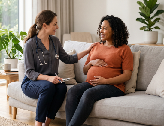 Healthcare professional with stethoscope sits on a couch, talking with a pregnant woman at home, offering support.