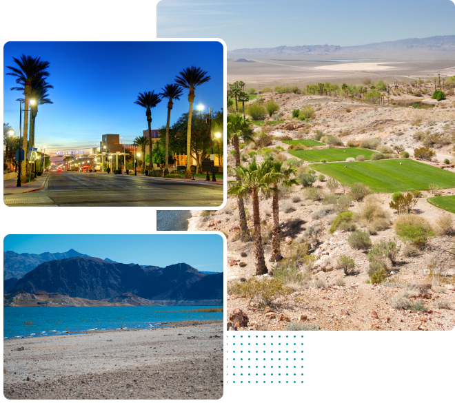 life-here-img-1 Collage of travel scenes: a desert golf course with palm trees, a lit city street at dusk, and a rocky beach with mountains in the distance.