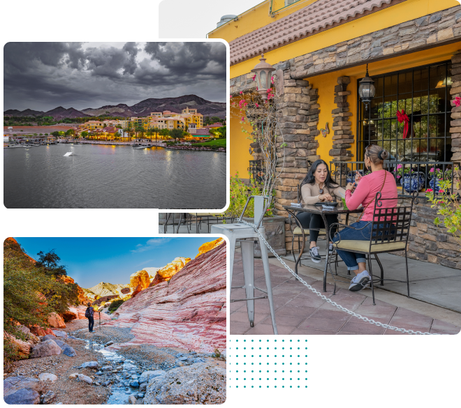 Collage showing a waterfront harbor town, a desert canyon hike among red rocks, and two people dining outside a stone cafe.