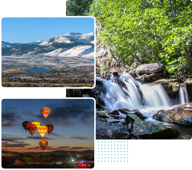 Collage of nature scenes: a cascading waterfall amid green trees on the right, snow-capped mountains on the left-top, and colorful hot air balloons at sunset bottom-left.