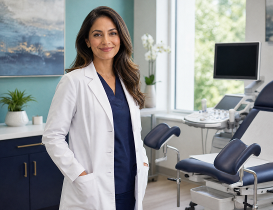 Female doctor in a white coat standing in a modern dental clinic, with an exam chair and monitor in the background.