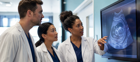 Three clinicians in white coats study an ultrasound image on a wall monitor, discussing the scan.