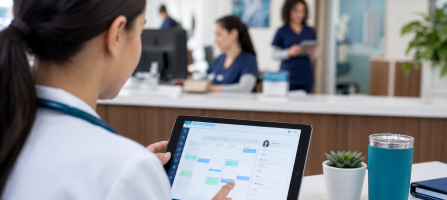 Healthcare professional at a clinic reception uses a tablet to view a patient scheduling/dashboard, with colleagues in the background.