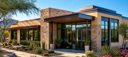 Modern single-story office building with stone facade, large glass entry doors, and desert landscaping.