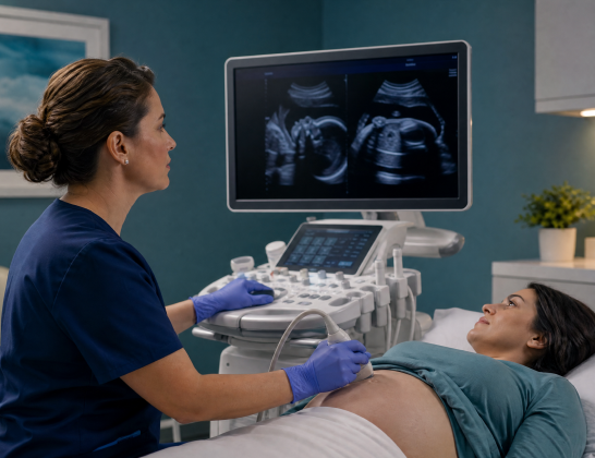 Obstetric ultrasound: clinician uses a probe on a pregnant patient while monitor shows fetal images.