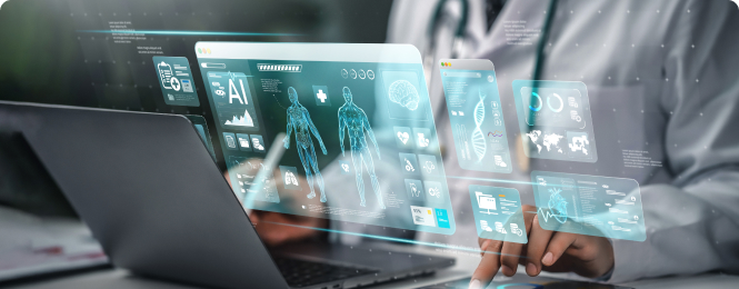 reason-to-join-img (4) Doctor uses a laptop with holographic AI medical dashboards showing anatomy and patient data.