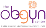 Logo for The OBGYN Center with the stylized 'obgyn' text and a small baby illustration in the design.
