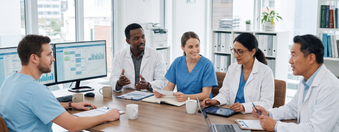 A diverse medical team collaborates at a conference table, reviewing charts on monitors.