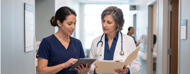 Two healthcare professionals, a nurse with a tablet and a doctor with a folder, collaborating in a hospital hallway.