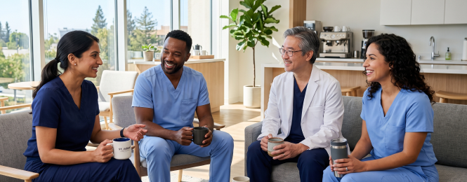 Four healthcare professionals chatting and sharing coffee in a bright break room in a clinic setting.